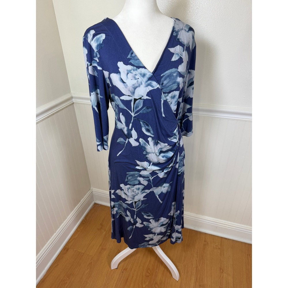 Soft Surroundings Faux Wrap Dress Women Size M Petite Floral 3/4 Sleeve 3FU54‎
